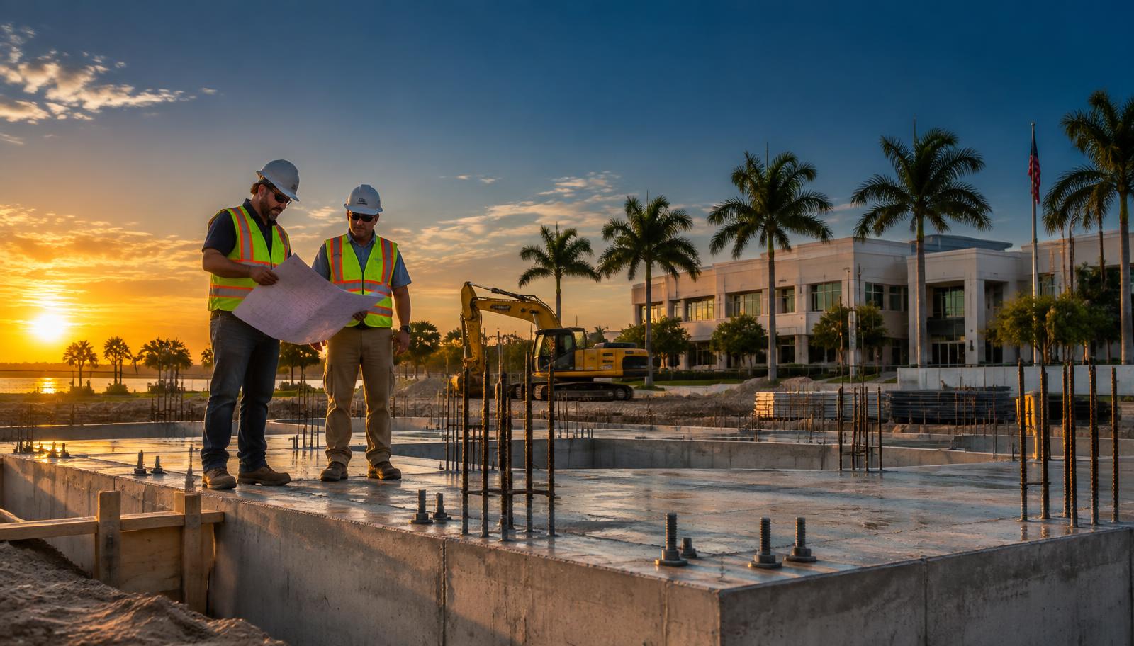 Contractors reviewing plans at a Florida civic construction site